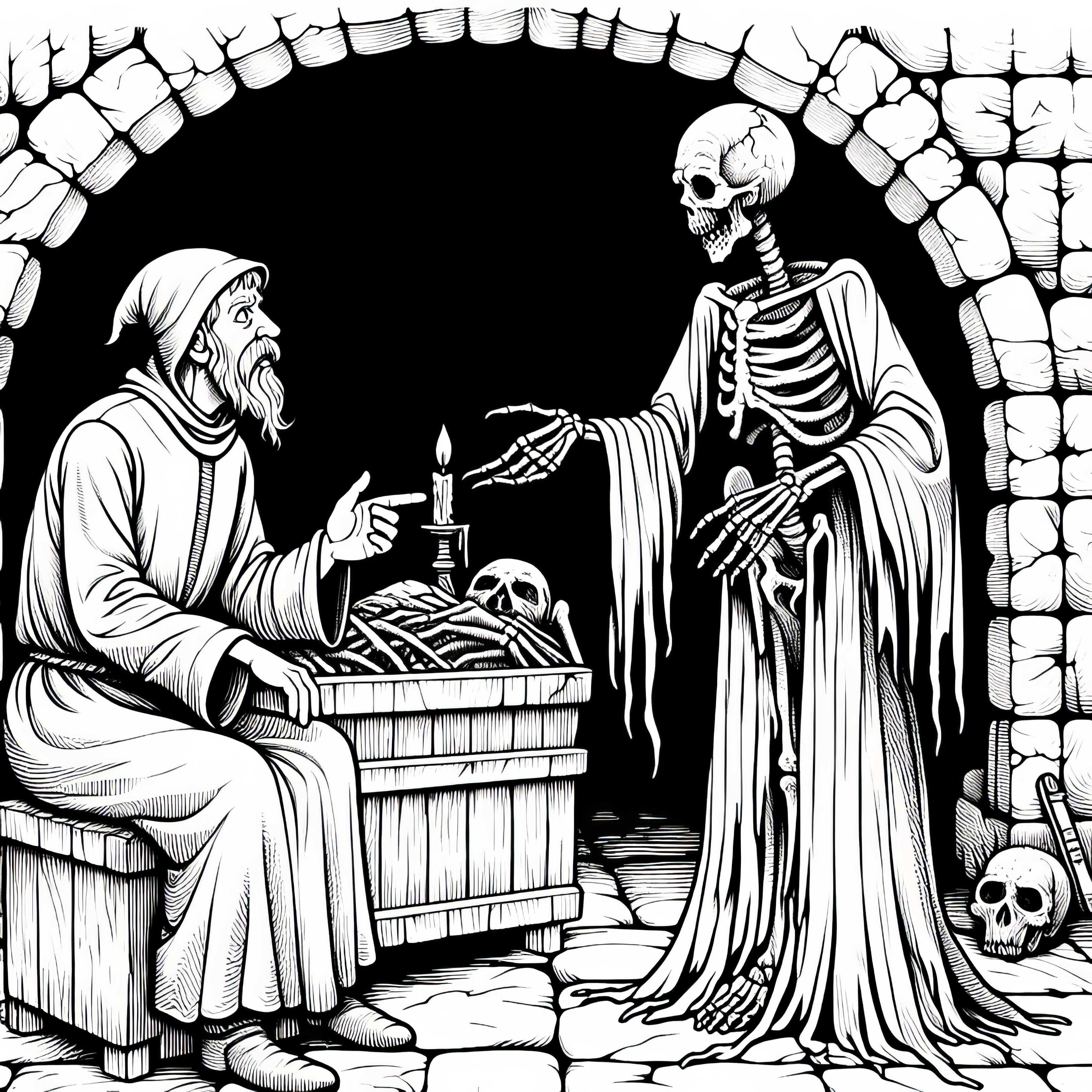 Nécromancien parle avec un serviteur mort-vivant dans une crypte sombre – Image à colorier gratuite