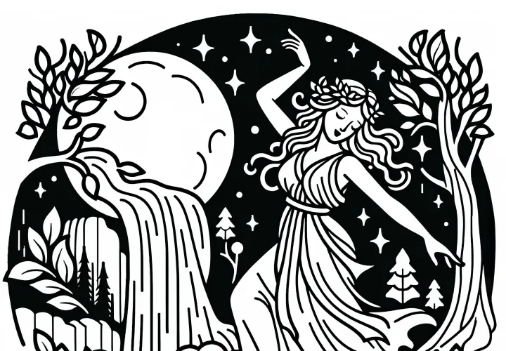 Une nymphe danse au bord de la cascade sous la lumière de la lune - Modèle à colorier gratuit