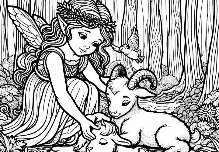 Nymphe aide un animal blessé dans une forêt enchantée – modèle de coloriage gratuit
