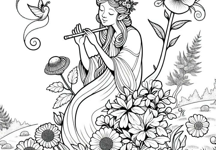 Nymphe joue de la flûte sur un champ de fleurs – Dessin à colorier gratuit