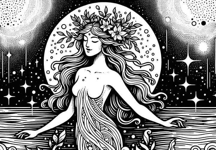Une nymphe émerge d'un lac - Image à colorier gratuite