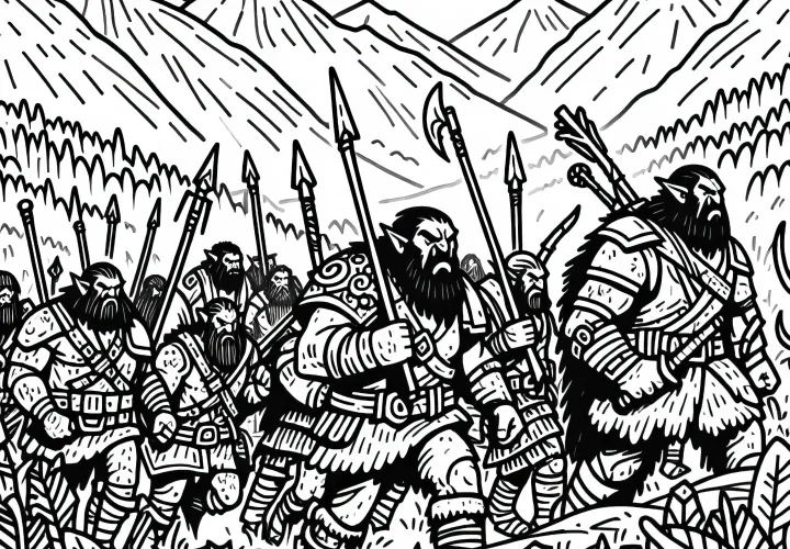 Des orcs marchent avec des armes à travers un paysage sauvage - coloriage gratuit