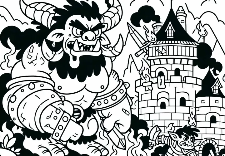 Des orques attaquent et pillent un village - coloriage gratuit