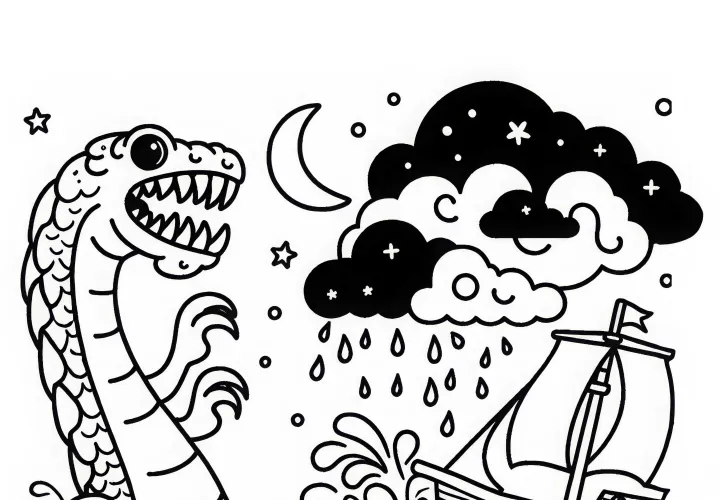 Un monstre marin se lève des mers tumultueuses et détruit un navire – Dessin à colorier gratuit