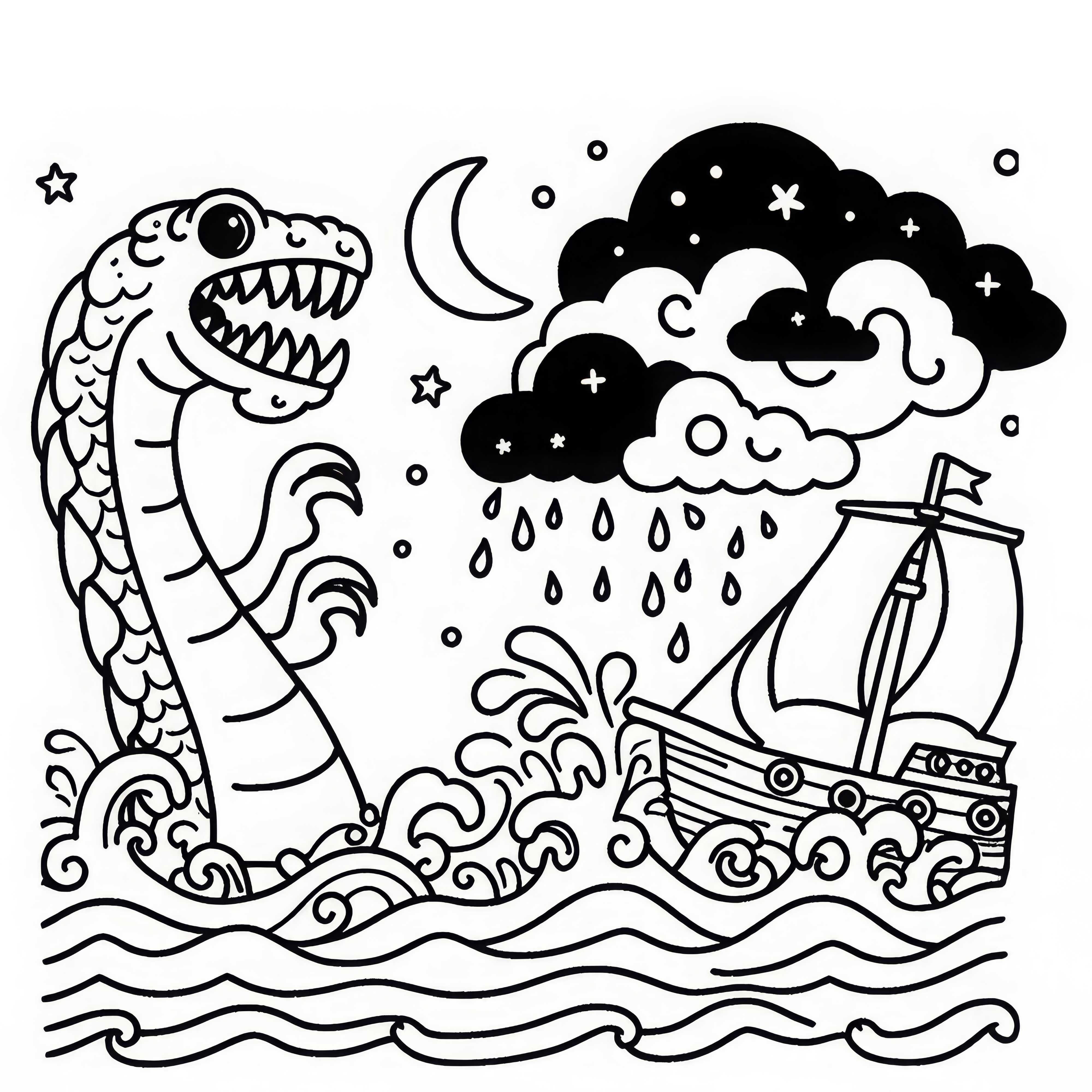 Um monstro marinho ergue-se do mar tempestuoso e destrói um navio – Desenho para colorir grátis