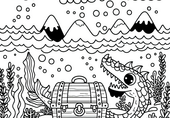 Um monstro do lago guarda um tesouro afundado no fundo do mar - Desenho para colorir grátis