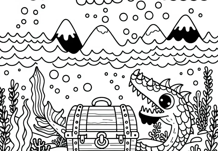 Un monstre marin garde un trésor englouti au fond de la mer - modèle à colorier gratuit