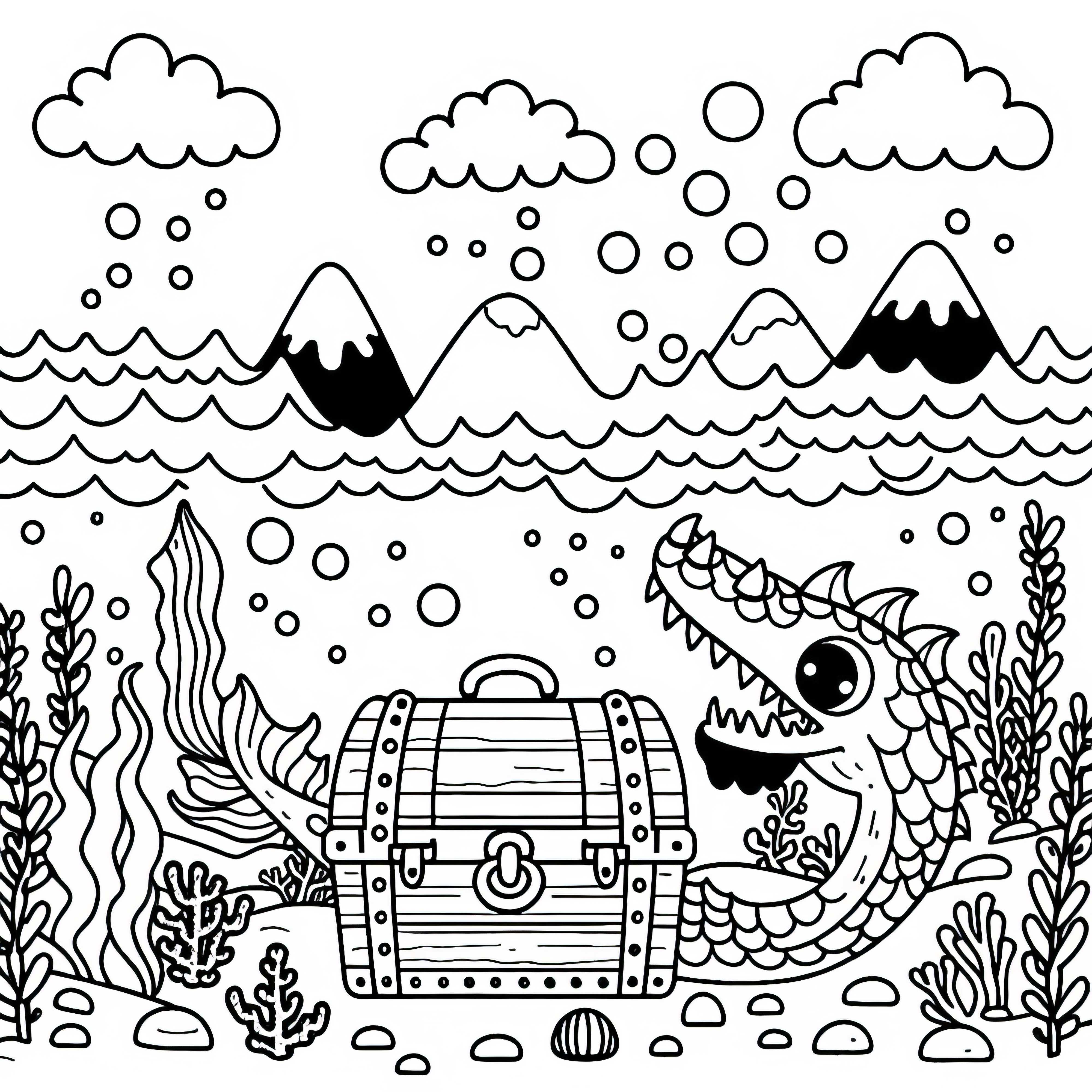 Um monstro marinho vigia um tesouro submerso no fundo do mar - Desenho para colorir grátis