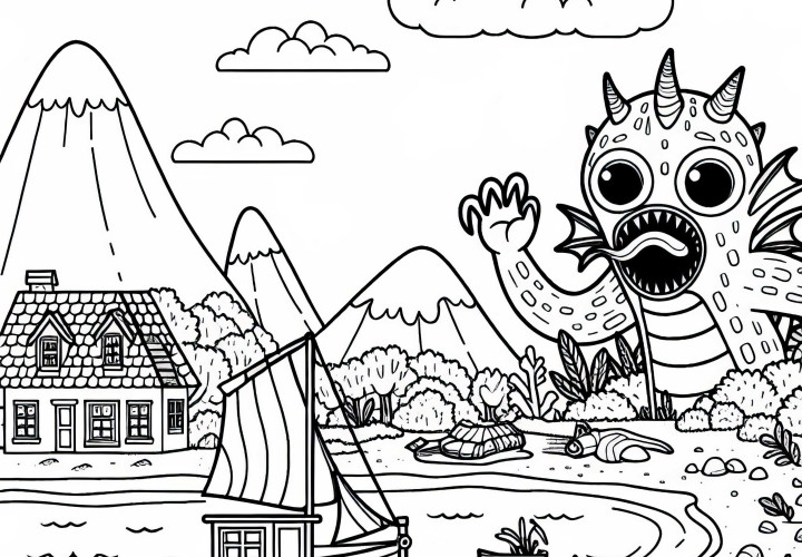 Monstro marinho ataca pequena vila de pescadores na costa – Desenho para colorir grátis