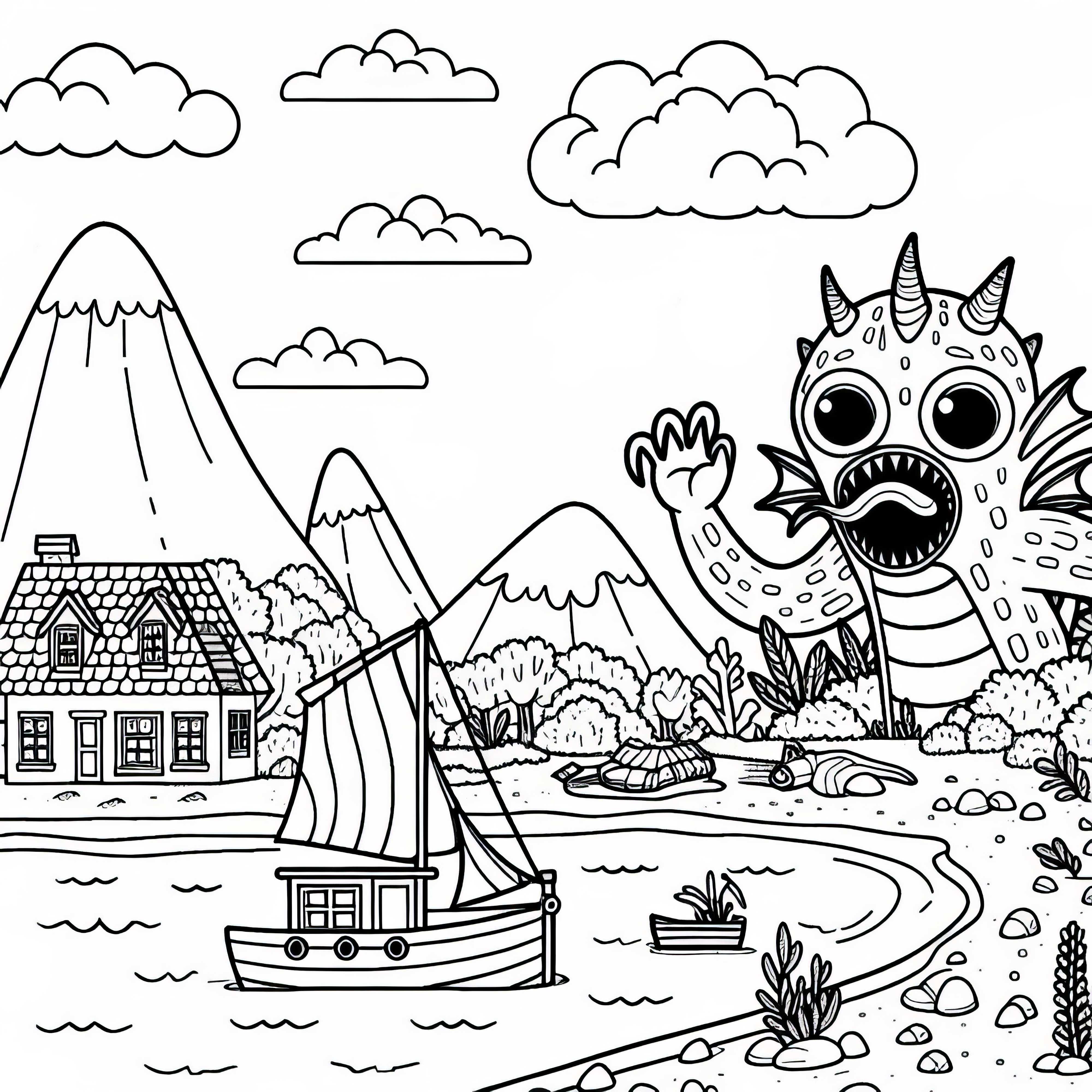 Monstro marinho ataca pequena vila de pescadores na costa – Desenho para colorir grátis