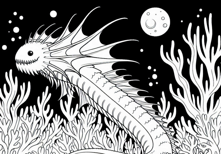 Uma impressionante imagem para colorir de um majestoso monstro do lago nadando através de um recife de corais