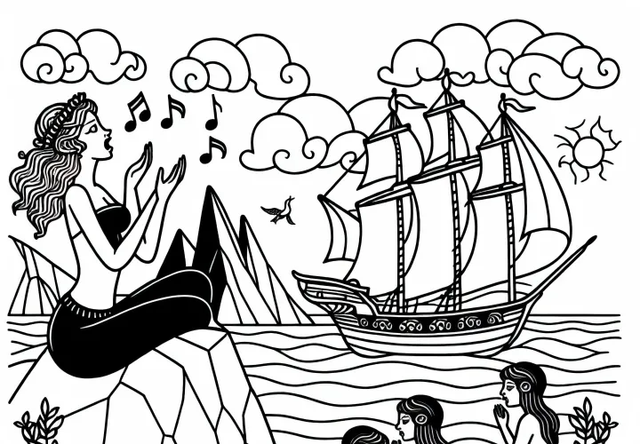 Sirens sit on rocks and sing with a sailing ship in the background - Free coloring page Sirens sit on rocks and sing with a sailing ship in the background - Free coloring page