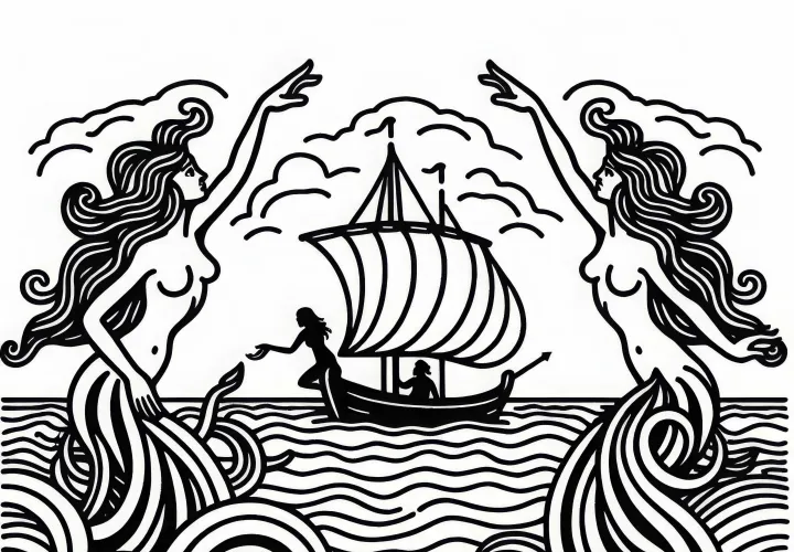 Sirens emerge from the water - Free coloring page Sirens emerge from the water - Free coloring page