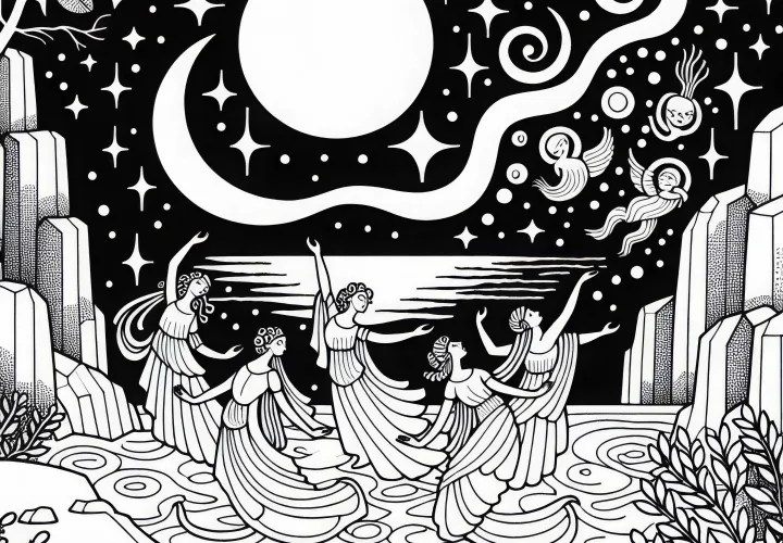 Mermaids dance in the moonlight - Free coloring page Mermaids dance in the moonlight - Free coloring page