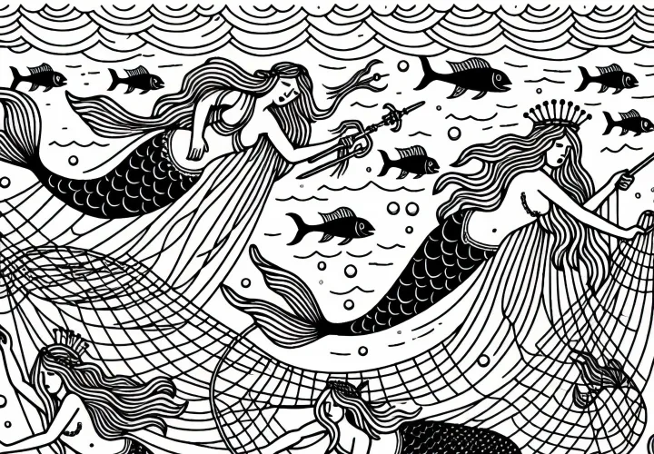 Mermaids with nets underwater – Free coloring page Mermaids with nets underwater – Free coloring page