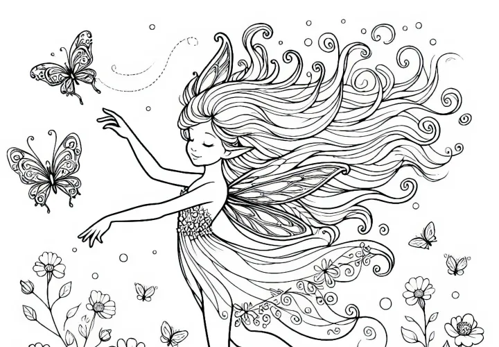 Sylph dances in the wind over a blooming meadow – coloring template free Sylph dances in the wind over a blooming meadow – coloring template free