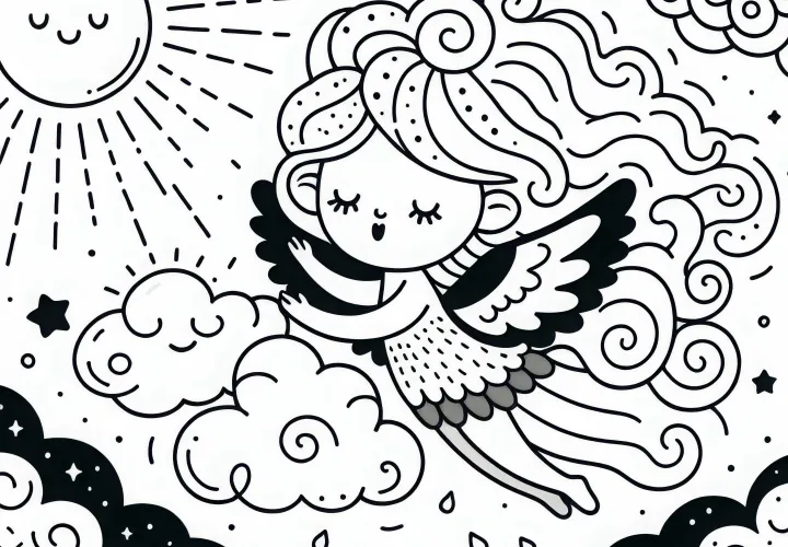 Sylph shapes clouds and plays with sunbeams – Free coloring page Sylph shapes clouds and plays with sunbeams – Free coloring page