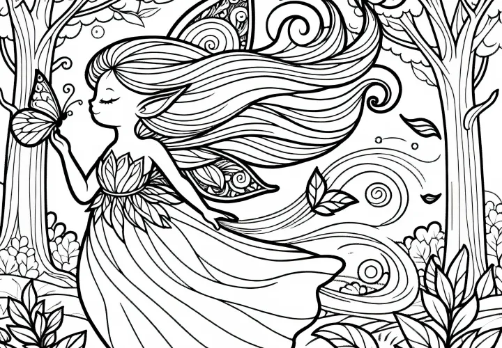 A sylph wafts through the enchanted forest and lets leaves float – Free coloring page A sylph wafts through the enchanted forest and lets leaves float – Free coloring page