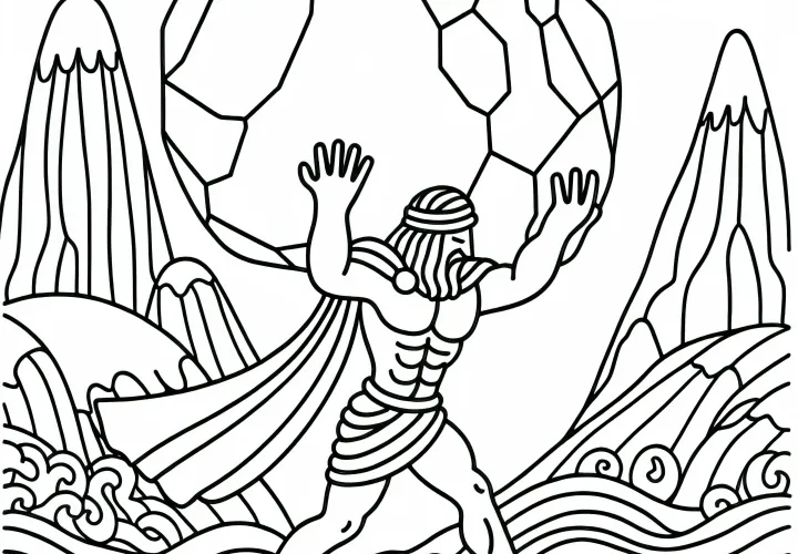 Titan carries a giant boulder to shape a valley – free coloring page Titan carries a giant boulder to shape a valley – free coloring page