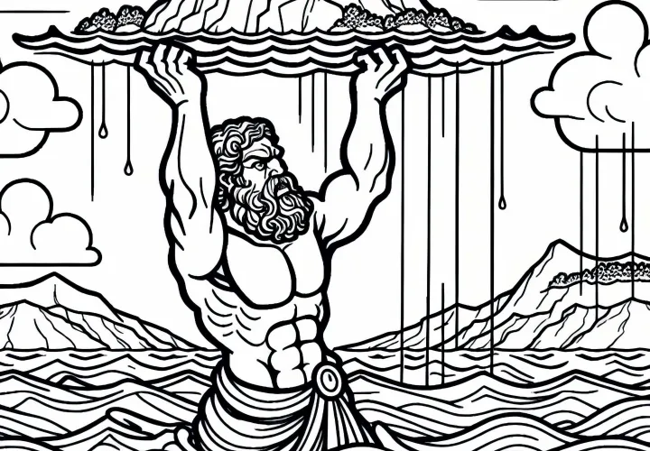 Titan stands in the sea and lifts an island out of the water - free coloring page Titan stands in the sea and lifts an island out of the water - free coloring page
