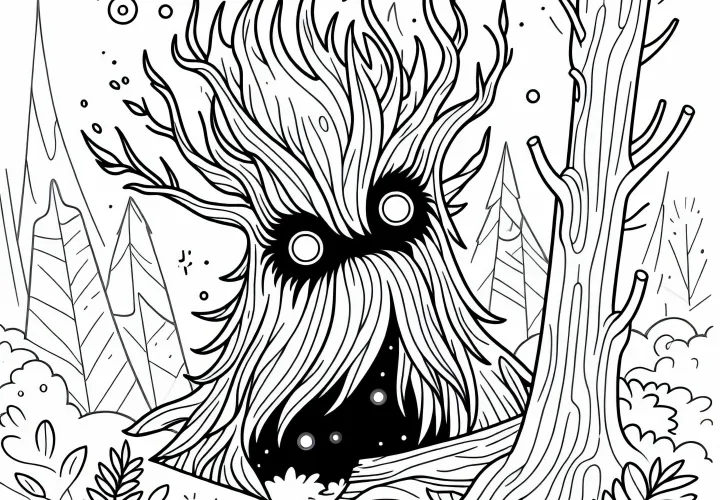 The Forest Spirit Appears From Trees With Glowing Eyes - Free Coloring Page The Forest Spirit Appears From Trees With Glowing Eyes - Free Coloring Page