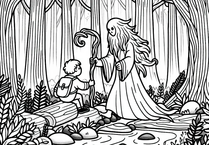 Forest spirit helps a traveler find the way through the dense forest - Free coloring page Forest spirit helps a traveler find the way through the dense forest - Free coloring page