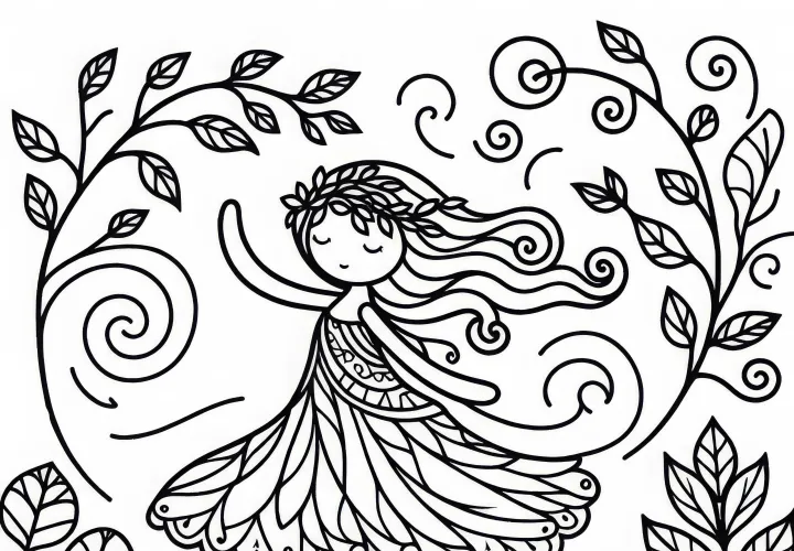 Forest spirit dances in a clearing with whirling leaves – free coloring page Forest spirit dances in a clearing with whirling leaves – free coloring page