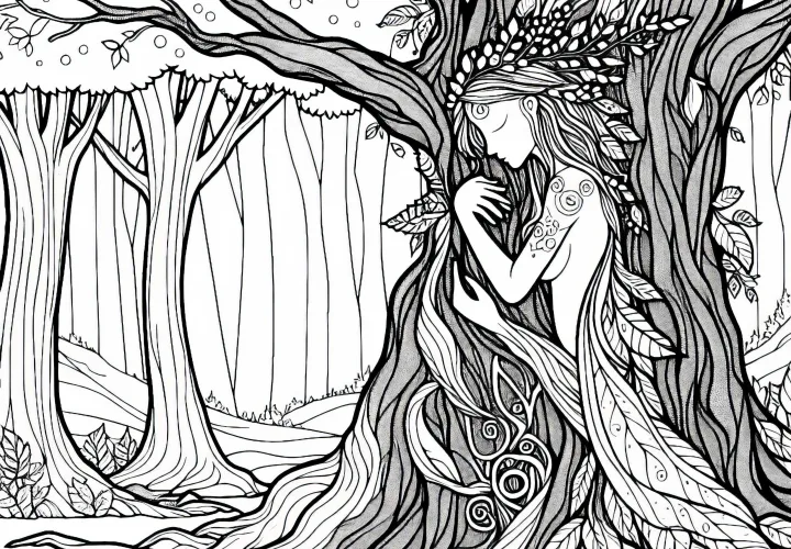 Forest spirit merges with ancient tree – free coloring page Forest spirit merges with ancient tree – free coloring page