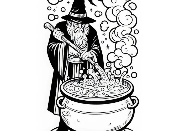 Potion mixer stirs in steaming cauldron - coloring page simple free Potion mixer stirs in steaming cauldron - coloring page simple free