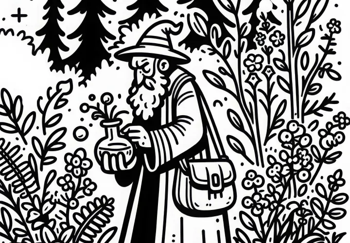 Potion mixer gathers rare herbs in the forest - Free coloring page Potion mixer gathers rare herbs in the forest - Free coloring page