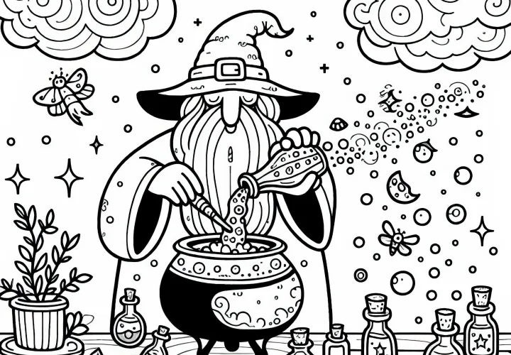 Potion mixer experiments with little bottles - free coloring page Potion mixer experiments with little bottles - free coloring page