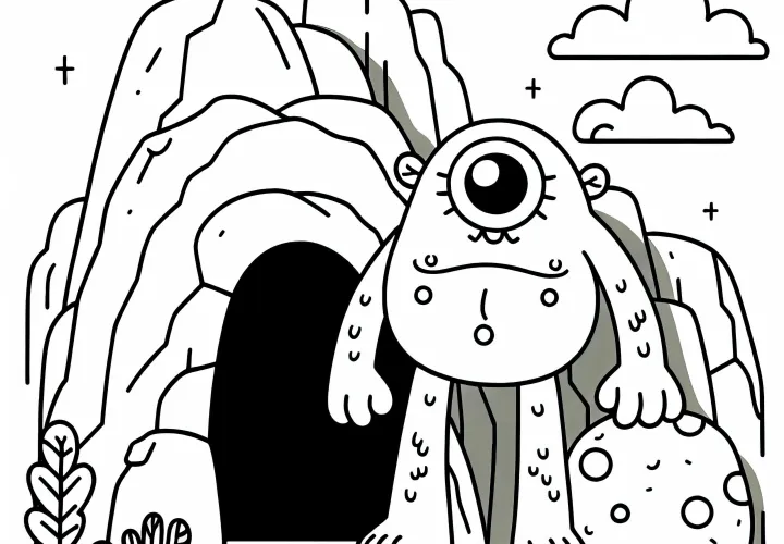 Cyclops guards cave with large boulder as door - free coloring page Cyclops guards cave with large boulder as door - free coloring page