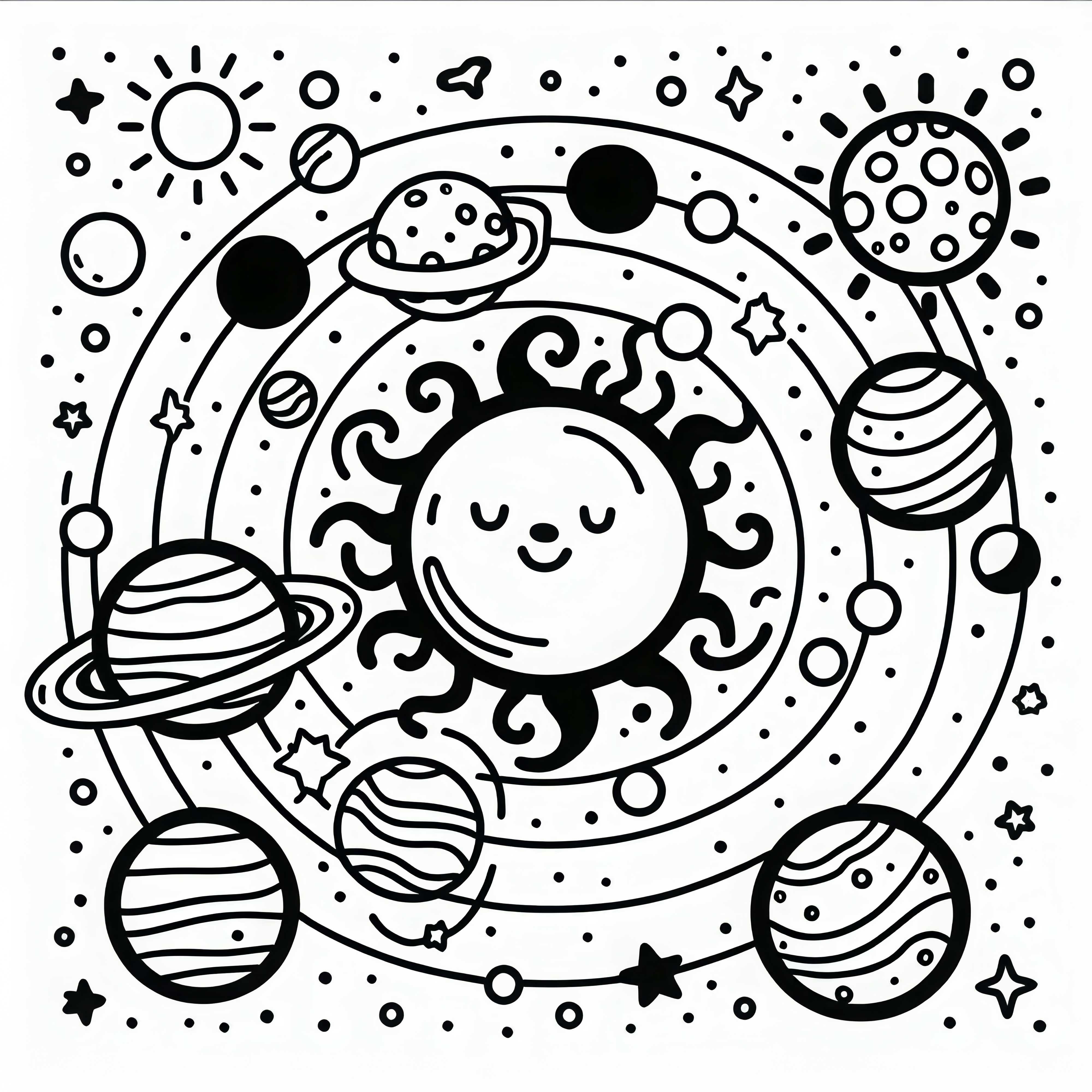 Sistema solar con sol y planetas plantilla para colorear simple gratis