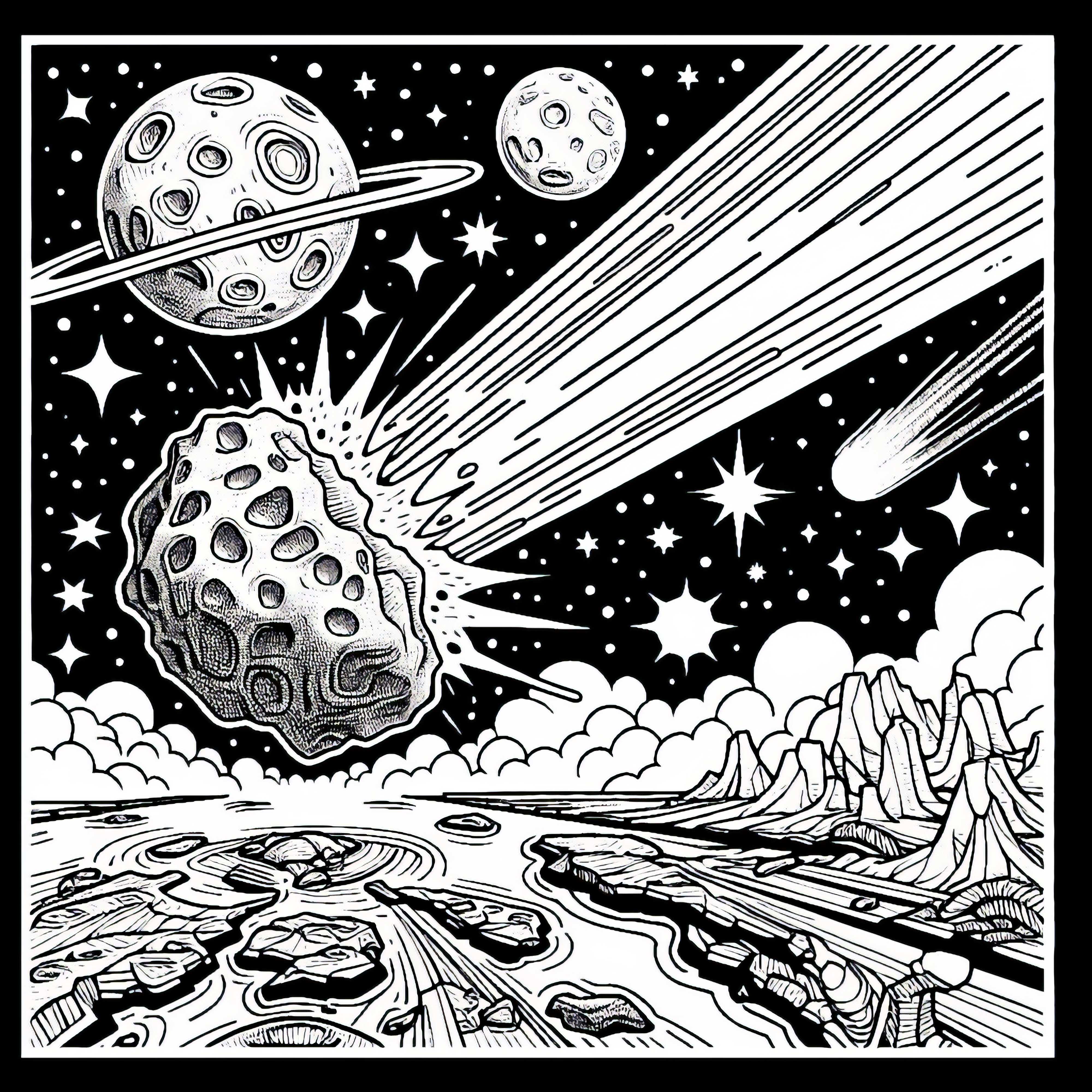 Plantilla para colorear de impacto de asteroide simple y gratuita