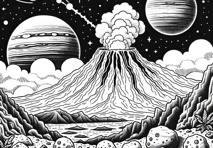 Volcán en luna de Júpiter - Plantilla para colorear fácil y gratis