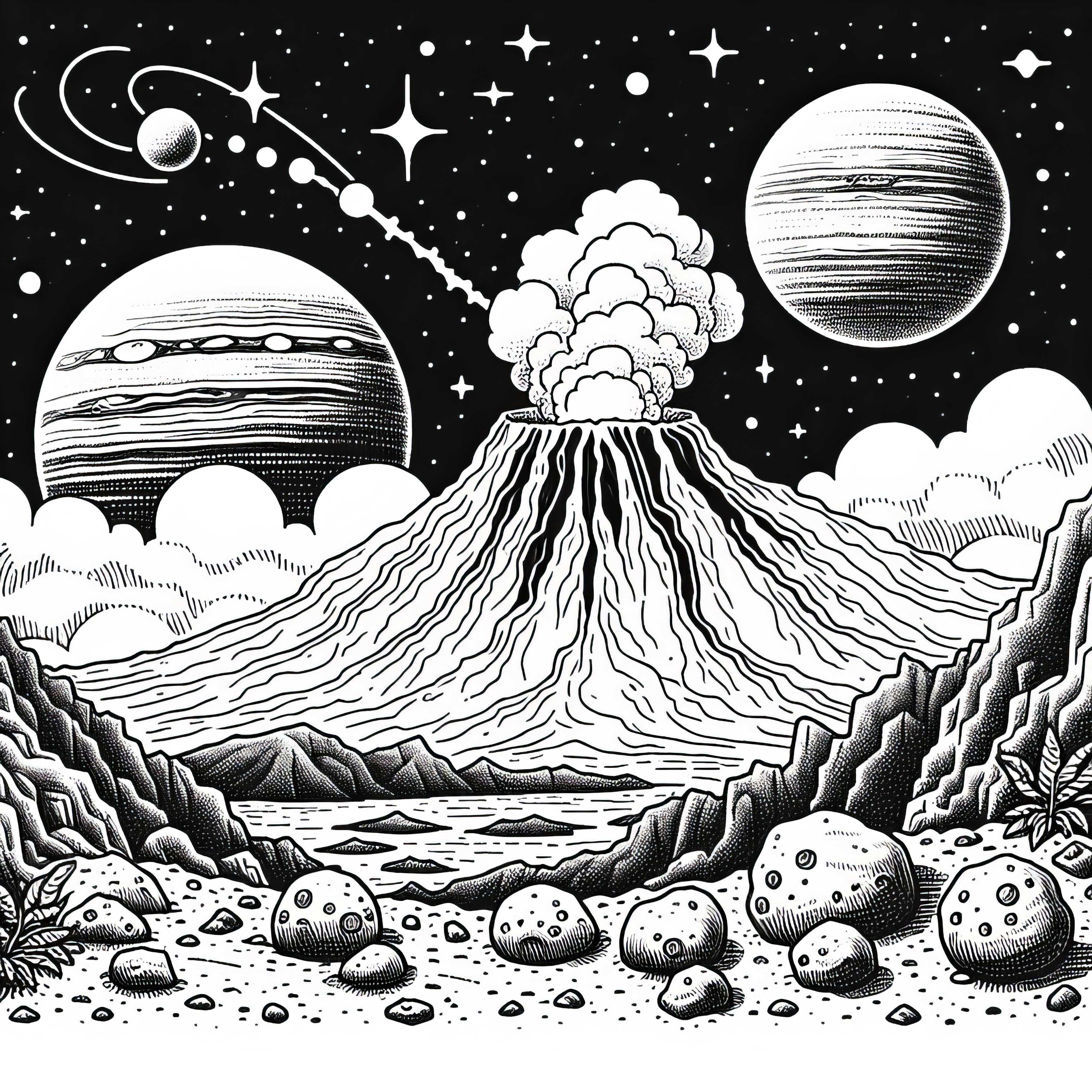 Vulcano en la luna de Júpiter - Plantilla de dibujo sencilla gratuita