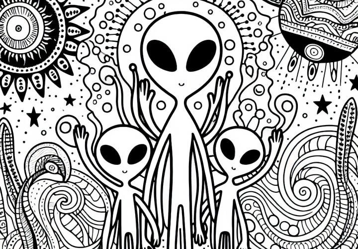 Petualangan dengan Keluarga Alien - Gambar Mewarnai Gratis