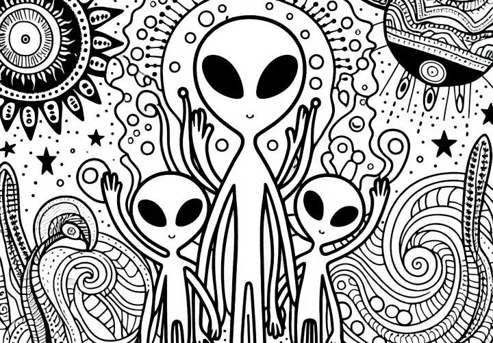 Adventure with an alien family - free coloring page