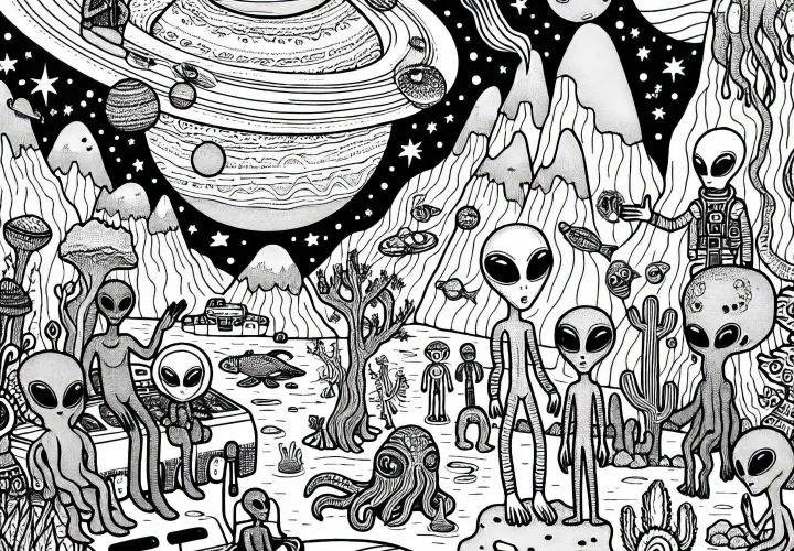 Aliens live on a foreign planet - Free coloring page