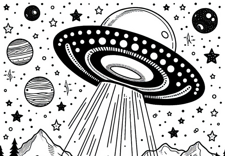 UFO di Langit - Contoh Gambar Gratis untuk Dicetak dan Diwarnai