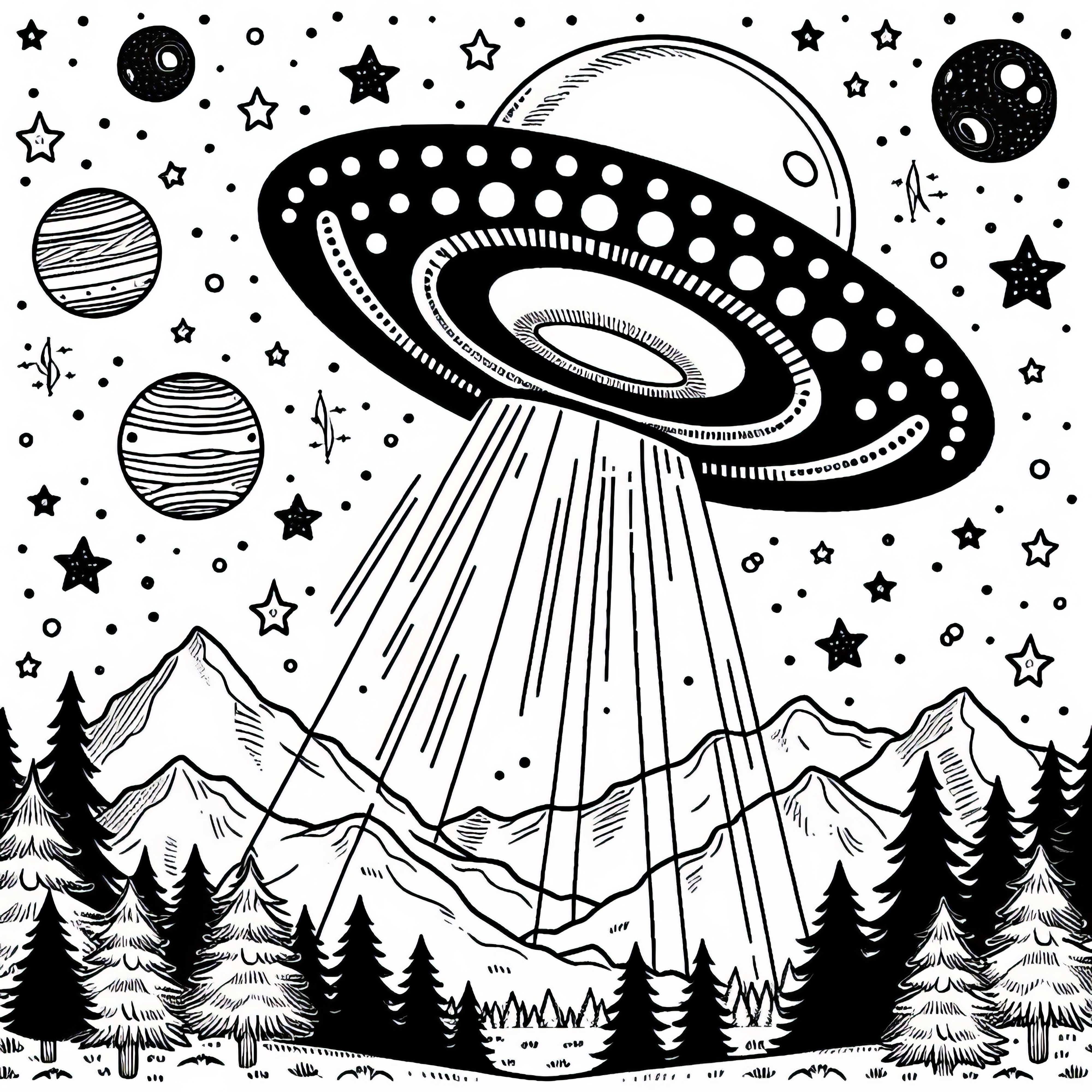 UFO di langit - Template menggambar gratis untuk dicetak dan diwarnai