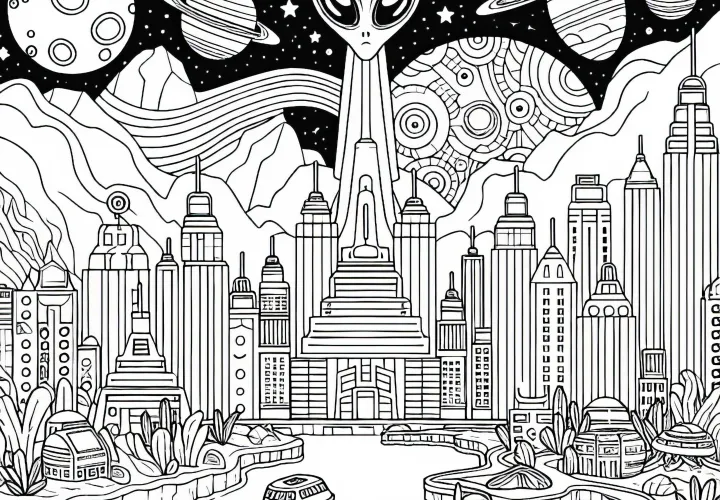 Coloring page of an alien city for free download