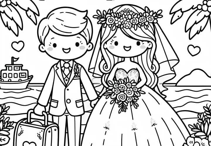 Nevesta a ženík na svadobnej ceste ako omaľovánka (zadarmo) Nevesta a ženík na svadobnej ceste ako omaľovánka (zadarmo)