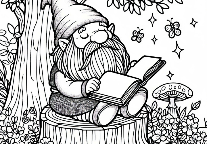 Alter Gnom mit langem Bart sitzt auf Baumstumpf und liest in verzaubertem Buch – Malvorlage kostenlos Alter Gnom mit langem Bart sitzt auf Baumstumpf und liest in verzaubertem Buch – Malvorlage kostenlos
