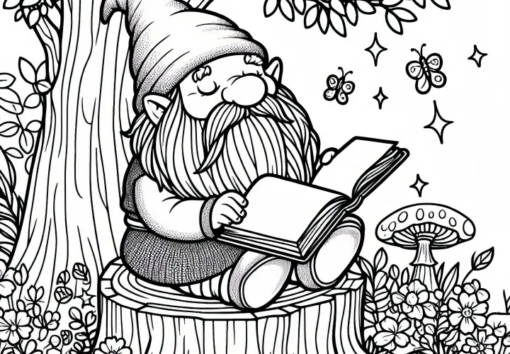 Old gnome with a long beard sitting on a tree stump and reading an enchanted book – free coloring page Old gnome with a long beard sitting on a tree stump and reading an enchanted book – free coloring page