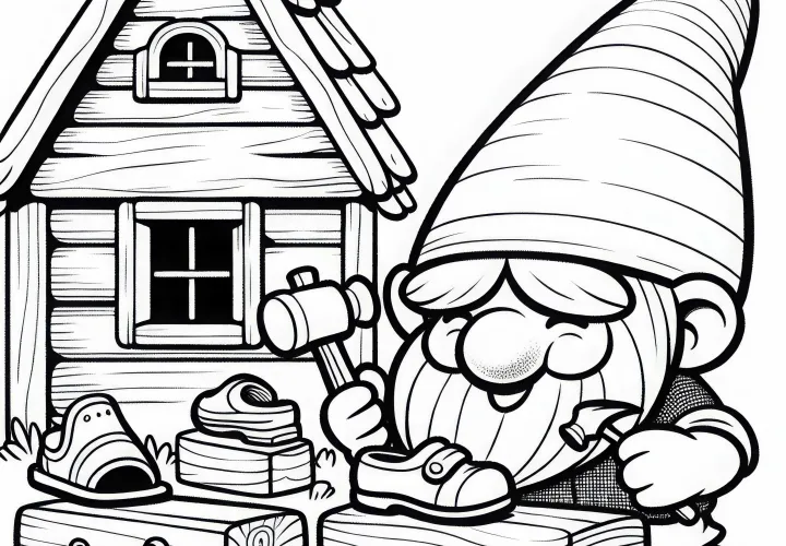 Gnome with a pointed hat hammers on a tiny wooden shoe in front of his hut – Free coloring page Gnome with a pointed hat hammers on a tiny wooden shoe in front of his hut – Free coloring page