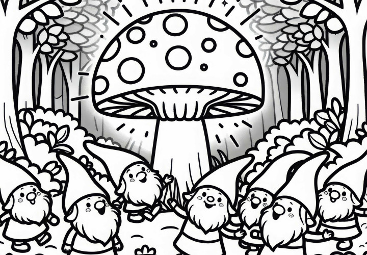 Gruppe von Gnomen tanzt fröhlich um leuchtenden Pilz in einer Waldlichtung – Ausmalbild kostenlos Gruppe von Gnomen tanzt fröhlich um leuchtenden Pilz in einer Waldlichtung – Ausmalbild kostenlos