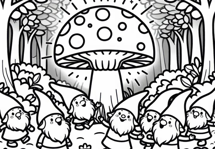 A group of gnomes dances happily around a glowing mushroom in a clearing in the woods - free coloring page A group of gnomes dances happily around a glowing mushroom in a clearing in the woods - free coloring page