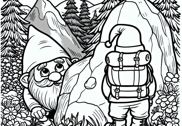 Ein gnom versteckt sich hinter einem Stein und späht neugierig auf Wanderer Ein gnom versteckt sich hinter einem Stein und späht neugierig auf Wanderer