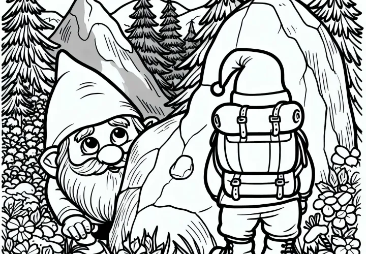 A gnome is hiding behind a rock and peeking curiously at hikers A gnome is hiding behind a rock and peeking curiously at hikers